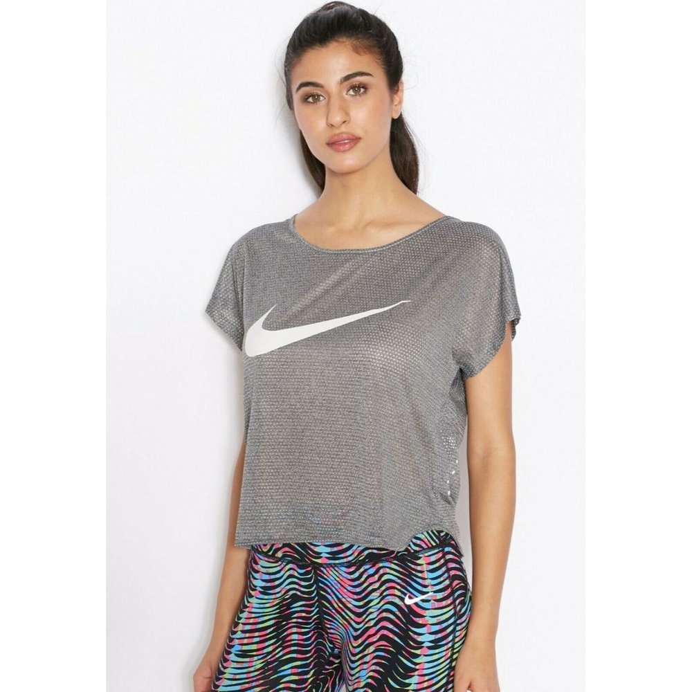 Nike Run Free Swoosh Tank Dri-Fit Mesh Shirt Women's M Cropped Short Sleeve EUC